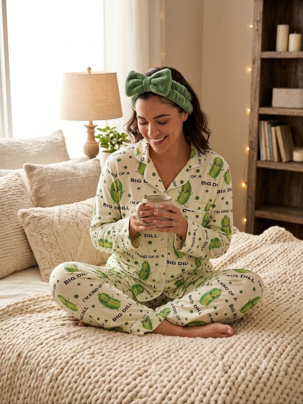 Cream & Green 'Big Dill' Pickle Print Pajama Set Large - Picture 2 of 5